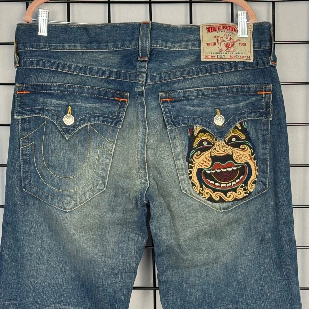 True Religion Billy Jeans Mens 34 (38x36) Blue Hannya Mask Embroidered Bootcut